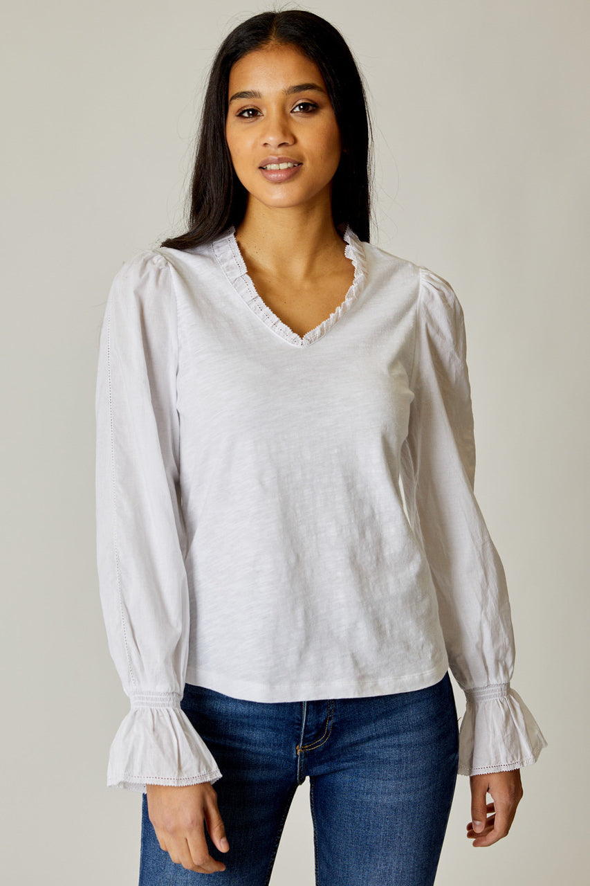Eyelet Trim V Neck Top