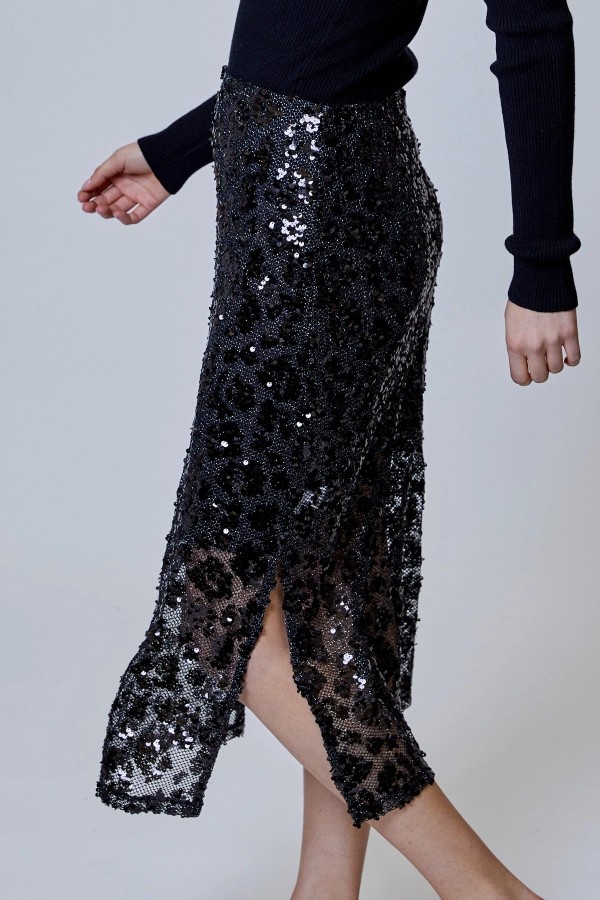 Sequin Leopard Midi Skirt