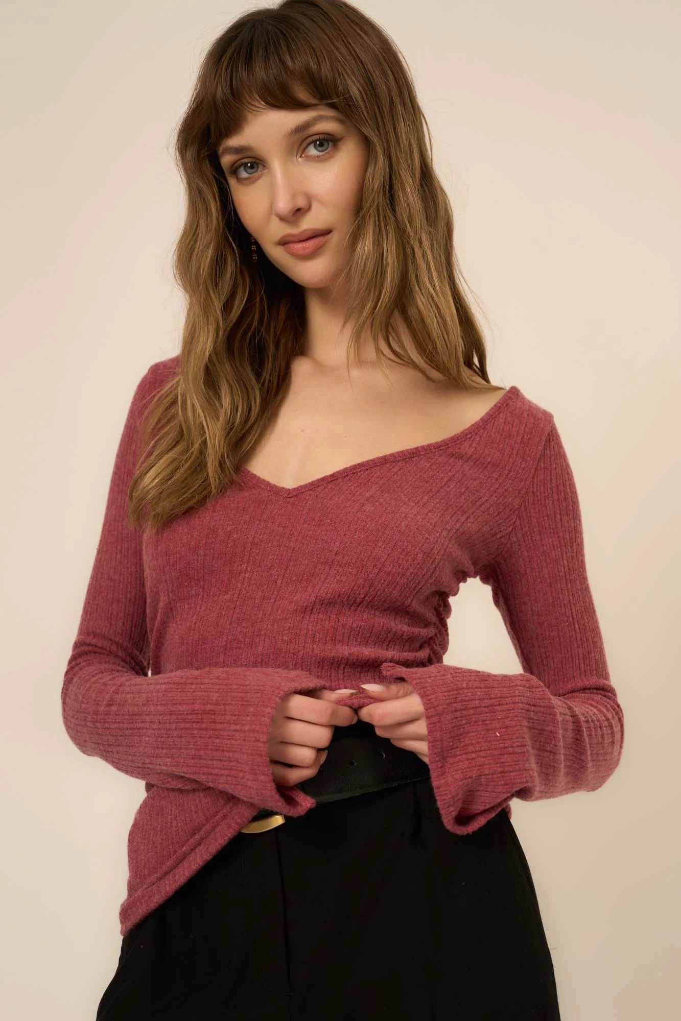 Pixel Ruched Side Brushed Rib V-Neck